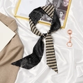 French style bow hair ribbon with black and beige diamond pattern and silk-like texture - Street Corner Beige Black