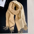 Beige winter cashmere-like scarf with tassels and label on a minimalist background - 200*70cm / Light Khaki + Beige