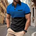 Detail of blue and black striped polo shirt showing color-block design and collar texture - S / Blue