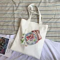 White canvas tote bag with strawberry print and large capacity for daily use - C5 Retro Strawberry Plate