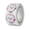 Floral round thank you stickers roll with pink roses for gift packaging and wedding envelopes - Pink Rose Green Leaf