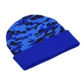 Close-up detail of blue camouflage knit beanie showing elastic texture and thick folded brim - Blue