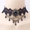 Gothic black lace choker with centerpiece gem and teardrop charms for Halloween - Vintage Lace Necklace