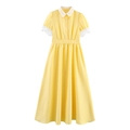 Abito midi vintage giallo con colletto in pizzo bianco e bottoni sul davanti in vita - XS / Giallo