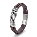 Minimalist dark brown braided leather men's bracelet with silver magnetic twist clasp - Brown Leather