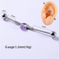 16G silver stainless steel industrial barbell with purple opal beads for ear piercing - OP38 Purple Opal And Bars