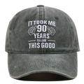 Detail of white embroidery text on charcoal grey washed cotton 90th birthday baseball cap - Adjustable / Army Green