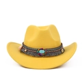 Détail du chapeau de cowboy jaune avec bande tressée bohème, pierre turquoise et glands - M (56-59cm) / Jaune Gland Ethnique