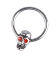Silver surgical steel circular barbell ring with a skull pendant and red crystal eyes - Silver Captive Bead Ring Single Skull