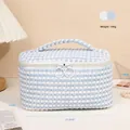 Dettaglio trousse in peluche a scacchi blu e bianchi, misura 21,5x14x11,8 cm - Azzurro