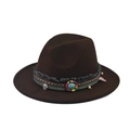 Dark brown wide brim wool fedora hat with ethnic beaded band and bohemian tassel charm - Adult Size / 04-Dark Brown