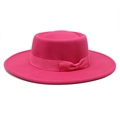Detail of rose red wool felt flat top hat featuring a stylish matching bow ribbon tie - M (56-58cm) / Rose Red