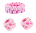 Set fascia e polsini in pile di corallo rosa a pois per il lavaggio del viso - Set da 3 Pezzi (1 Fascia + 2 Polsini) / Rosa con Puntini Rosa Carico