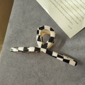 Fashionable black and white checkerboard hair claw clip with gold metal spring hinge - Twisted Shape / Black & White Checkerboard
