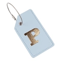 Light blue PU leather luggage tag with golden letter P and steel wire loop - Light Blue P