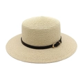 Flat top straw sun hat with black band and gold buckle for summer beach vacations - M (56-58cm) / Beige