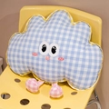 Blue plaid cloud plush pillow with cute embroidered face and pink feet on a chair - Blue Plaid Cloud
