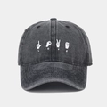 Detail of LOVE hand sign embroidery on a vintage washed dark grey baseball cap cotton - Adjustable / Black