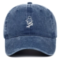 Vintage washed blue denim baseball cap with ghost skateboarding embroidery on white background - Adjustable / Navy Blue