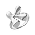 Polished silver adjustable open ring with a modern abstract four-petal floral design - Letter K