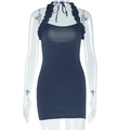 Detail of black mini dress featuring a halter neck with elegant ruffle trim and slim fit cut - S / Black