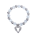 Detail of cat eye beads with silver heart charm on stainless steel bracelet - Silver/Creamy White Cat's Eye