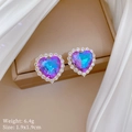 Detail of gradient blue and purple heart earrings with crystal pavé and size specs - Heart Gradient Stud Earrings (F337) / Gold