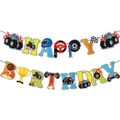 Happy Birthday monster truck paper banner with colorful racing and trophy elements - Letter Banner