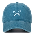 Close-up of a washed blue cotton baseball cap featuring white bow ribbon embroidery - Adjustable / Lake Blue