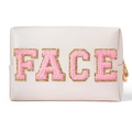 Pink PU leather makeup bag with pink chenille FACE letters and gold glitter edges - White (FACE)
