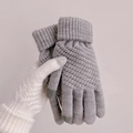 Guantes de invierno de punto gris grueso con puntas táctiles y puños acanalados - Gris