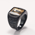Black steel ring with a rectangular amber gemstone and leaf relief pattern decoration - Black Champagne Zirconia