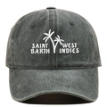 Close-up of Saint Barth West Indies embroidery and palm trees on dark grey vintage baseball cap - Army Green