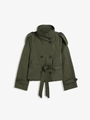 Short double-breasted trench coat in olive green with stand collar and waist belt - S / Army Green