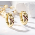 Golden hoop earrings with red and clear zircon stones on a white decorative stone base - Cross Red and White Stone Style (EH846)