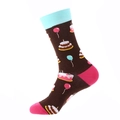 Brown mid-calf socks with blue ribs and pink toe featuring birthday cake patterns - 918 Birthday Cake