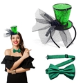 St. Patrick's Day party set with green sequin mini top hat headband and satin bowtie - Dark Green Ribbon Bowtie