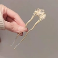 Elegant gold U-shaped hair pin featuring translucent yellow flowers and white pearls - U-shaped Double Flower