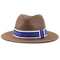 Détail de la texture d'un chapeau de paille marron avec ruban rayé bleu et blanc - M (56-58cm) / Marron
