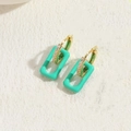 Modern geometric earrings with gold hoops, white zircons and mint green rectangle charm - Green