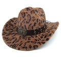 Brown leopard print plush cowboy hat with leather studded band and metal bull skull - M (56-58cm) / Straight Top / Dark Coffee