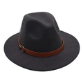 Detail of dark grey felt fedora featuring a brown leather band and silver metal buckle - Dark Gray