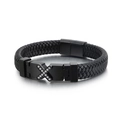 Bracciale da uomo in pelle intrecciata con croce in cristallo e chiusura magnetica - 21.5cm / Nero