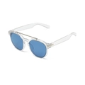 Modern double bridge sunglasses with clear transparent frames and blue round lenses - Clear Frame Blue Lens