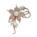 Elegant rose gold flower brooch with diamond petals and a large center pearl - Gold
