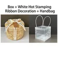 Round straw woven gift box set with clear PVC handle bag and white printed ribbon - White Bronzing Accessories + Handbag