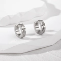 Sleek stainless steel huggie earrings featuring engraved olive leaf patterns in silver finish - Silver Leaf