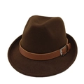 Classic dark brown wool fedora hat with camel faux leather belt for winter style - M (56-58cm) / Dark Coffee