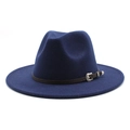 Close-up of navy wool jazz hat with a brown leather belt and vintage silver buckle - M (56-58cm) / Navy Blue