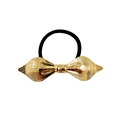 Detail of a black elastic hair tie with a textured golden metal bow ornament - Textured Bow Gold